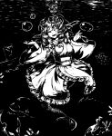  1girl asphyxiation bubble closed_eyes drill_hair drill_locks drowning fish frilled_kimono frills full_body greyscale head_fins highres japanese_clothes kimono kneeless_mermaid mermaid misty_lake monochrome monster_girl numenoko sash scales smile touhou underwater wakasagihime 