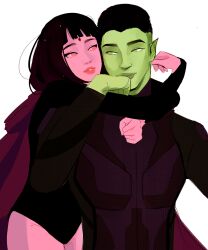  1boy 1girl absurdres beast_boy_(dc) blunt_bangs bodysuit character_request check_character colored_skin dc_comics facial_mark green_eyes green_lips green_skin highres hug leotard long_sleeves medium_hair pink_eyes pink_lips pink_skin pointy_ears raven_(dc) shmalloe simple_background smile teen_titans upper_body white_background 