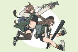  2girls :d animal_ears arknights baseball_bat belt beret black_legwear braid breasts brown_hair catapult_(arknights) cuora_(arknights) earrings green_eyes grin gun hair_ornament hairclip hat highres holding holding_baseball_bat holding_gun holding_weapon horse_ears jacket jewelry koryuu_(gackter10) long_hair looking_at_viewer midriff multiple_girls navel open_mouth orange_legwear short_hair shorts smile socks teeth thigh-highs twin_braids w weapon 