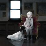  2girls 7meill albino apron bangs braid closed_eyes crossdressinging formal frilled_apron frills highres holding_hands lap_pillow maid maid_headdress multiple_girls original painting_(object) pale_skin red_eyes reflective_floor signature silver_hair smile twin_braids window yuri 