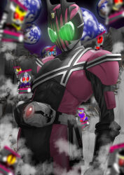  1boy absurdres armor atu_(fuji_atu66) belt belt_buckle black_armor black_bodysuit bodysuit buckle character_request cowboy_shot decadriver earth_(planet) green_eyes highres kamen_rider kamen_rider_dcd kamen_rider_decade male_focus pink_armor pink_bodysuit planet rider_card solo tokusatsu 