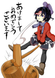  1girl black_hair black_pantyhose black_skirt blue_eyes brown_boots cabbie_hat chinese_clothes closed_mouth commentary_request eating food full_body hat hat_ornament highres jiangshi jumping kine looking_at_viewer mallet miyako_yoshika mochi mochi_trail mochitsuki mortar_(bowl) ofuda pantyhose parted_bangs purple_hat red_shirt shika_miso shirt short_hair simple_background skirt smile solo star_(symbol) star_hat_ornament strong tangzhuang touhou translation_request white_background 