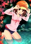  1girl :d arms_up barefoot blue_swimsuit blurry blush breasts brown_hair cabbie_hat collarbone commentary_request depth_of_field feet hat highres kneeling leaf long_sleeves looking_at_viewer mashimaro_tabetai medium_hair monogatari_(series) night night_sky old_school_swimsuit one-piece_swimsuit open_mouth orange_headwear partially_submerged pink_nails pink_ribbon pink_shirt ribbon school_swimsuit sengoku_nadeko shirt sitting sky smile solo star_(sky) starry_sky swimsuit swimsuit_under_clothes toes wariza water 