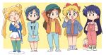  5girls aino_minako alternate_costume beret bishoujo_senshi_sailor_moon black_hair blonde_hair blue_eyes blue_hair bow brown_hair casual chibi denim double_bun dress eyebrows_visible_through_hair hair_bow hair_ornament hat hino_rei inner_senshi kino_makoto lineup long_hair long_sleeves mizuno_ami multiple_girls open_mouth overalls ponytail red_bow shirt shoes short_hair simple_background skirt smile socks tsubobot tsukino_usagi twintails v 