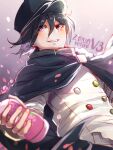  1boy artist_name black_cape black_hair black_headwear blurry blurry_foreground bottle buttons cape dangan_ronpa_(series) dangan_ronpa_v3:_killing_harmony depth_of_field double-breasted dutch_angle english_commentary fanta from_below grey_background grin hair_between_eyes hakamii hat highres holding male_focus ouma_kokichi petals short_hair smile solo teeth upper_body violet_eyes 
