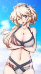  547th_sy alternate_costume alternate_hairstyle bikini blonde_hair blue_eyes blue_sky breasts clouds collarbone cowboy_shot day headgear highres iowa_(kancolle) kantai_collection large_breasts long_hair navel one_eye_closed outdoors ponytail sky standing star-shaped_pupils star_(symbol) striped striped_bikini swimsuit symbol-shaped_pupils white_bikini 