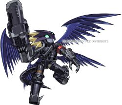  1boy arm_cannon armor beelzebu_satan beelzebumon beelzebumon_blast_mode black_armor black_wings blonde_hair green_eyes humanoid_robot male_focus medarot multiple_wings pillar_buster robot short_hair simple_background solo spiky_hair third_eye watermark weapon white_background wings 