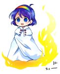  1girl ahoge aura blue_eyes blue_hair blush cape chibi eyebrows_visible_through_hair full_body multicolored_hairband open_mouth pote_(ptkan) rainbow_gradient short_hair simple_background sky_print tenkyuu_chimata touhou white_background white_cape 