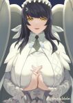  1girl bangs breasts dark_blue_hair eyebrows_visible_through_hair highres huge_breasts last_origin long_hair looking_at_viewer maid_headdress open_mouth ritasato smile snow_feather solo straight-on twitter_username wings yellow_eyes 