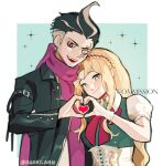  1boy 1girl :d artist_name bangs barry_nah black_coat black_hair blonde_hair bow braid coat commission couple dangan_ronpa_(series) dangan_ronpa_2:_goodbye_despair earrings english_commentary fangs french_braid grey_background grey_eyes grey_hair heart heart_hands hetero heterochromia jewelry long_hair looking_at_viewer multicolored_hair open_clothes open_coat open_mouth puffy_short_sleeves puffy_sleeves red_bow red_eyes scarf short_hair short_sleeves simple_background smile sonia_nevermind sparkle tanaka_gandamu very_long_hair 