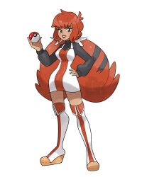  1girl antenna_hair black_eyes black_hair black_sweater boots borrowed_character breasts brown_lips commission dress earrings fold-over_boots full_body hand_on_own_hip hand_up holding holding_poke_ball jewelry light_smile lilroundpumpkin lips lipstick long_hair long_sleeves looking_at_viewer makeup multicolored_hair official_style original parted_lips pinafore_dress poke_ball pokemon red_boots red_hair second-party_source simple_background sleeveless sleeveless_dress small_breasts solo standing striped_hair sugimori_ken_(style) sweater tachi-e thigh_boots transparent_background turtleneck turtleneck_sweater two-tone_boots two-tone_dress watermark white_boots wide_ponytail 