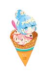  2girls artist_name blue_eyes blue_hair candy chibi chocolate chocolate_heart commentary_request copyright_name double_scoop eyebrows_visible_through_hair eyes_visible_through_hair food heart highres ice ice_cream ice_cream_cone kagamihara_nadeshiko long_hair melting mint_(mintlemonade3) multiple_girls name_tag open_mouth pink_hair shima_rin signature simple_background spoon sweat violet_eyes white_background yurucamp |_| 