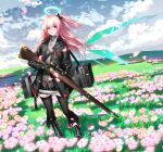  1girl absurdres ambriel_(arknights) arknights bangs black_bow black_footwear black_gloves black_jacket black_legwear blue_sky boots bow clouds day flower full_body gloves grass gun hair_bow halo highres holding holding_gun holding_weapon jacket long_hair long_sleeves looking_at_viewer one_side_up outdoors pantyhose parted_lips petals pink_flower pink_hair rifle sky solo standing thigh-highs violet_eyes wanshuibaipo weapon wings zettai_ryouiki 