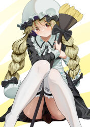  1girl 3577m absurdres apron black_bow black_bowtie blonde_hair bow bowtie braid broom frilled_thighhighs frills highres light_blush long_hair looking_at_viewer magical_girl mahou_shoujo_ikusei_keikaku mahou_shoujo_ikusei_keikaku_restart maid nokko-chan orange_eyes sitting thigh-highs twin_braids white_thighhighs 