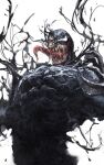  1boy black_eyes eddie_brock highres long_tongue marvel one_eye_covered open_hand open_mouth saliva science_fiction sharp_teeth solo spider-man_(series) symbiote teeth tongue tongue_out venom_(2018) venom_(marvel) white_background white_eyes zonotaida 