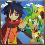  1boy 1girl ash_(phantom_brave) black_hair blue_sky closed_mouth clouds flower green_eyes green_hair holding holding_flower lego lego_(medium) looking_at_viewer marona_(phantom_brave) open_mouth outdoors phantom_brave photo_(medium) pixel_art red_eyes red_scarf scarf short_hair sky smile sunflower unconventional_media upper_body you_rei_(blowback) 