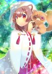  1girl ;d animal animal_ear_fluff animal_ears animal_on_shoulder bangs blurry blurry_background blush brown_hair closed_mouth commentary_request day depth_of_field eyebrows_visible_through_hair hair_between_eyes hakama japanese_clothes kimono kouu_hiyoyo long_sleeves miko one_eye_closed open_mouth outdoors raccoon raccoon_ears raph-chan raphtalia red_eyes red_hakama ribbon-trimmed_sleeves ribbon_trim smile sparkle tate_no_yuusha_no_nariagari tree veil white_kimono wide_sleeves 