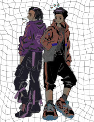  2boys black_hair black_sclera brown_eyes cargo_pants colored_sclera commentary_request dark-skinned_male dark_skin dual_persona full_body grid_background hand_in_pocket highres jacket looking_at_another male_focus marvel miles_g._morales miles_morales multiple_boys pants purple_jacket red_jacket shoes short_hair sneakers spider-man:_across_the_spider-verse spider-man_(series) spider-verse standing tami_tome_mo very_short_hair white_background 