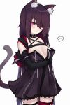  1girl animal_ear_fluff animal_ears arknights bangs breasts cat_ears cat_girl cat_tail commentary_request cowboy_shot dress elbow_gloves eyebrows_visible_through_hair gloves highres kitorakito long_hair looking_at_viewer medium_breasts melantha_(arknights) purple_dress purple_hair short_dress simple_background solo standing tail violet_eyes white_background 