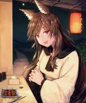  +_+ 1girl animal_ears brooch brown_hair dress drill_locks fingernails food highres imaizumi_kagerou jewelry jichou_senshi lantern long_fingernails long_hair long_sleeves monster_girl red_eyes red_nails sitting table tail touhou white_dress wide_sleeves wolf_ears wolf_tail 