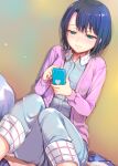  1girl adachi_sakura adachi_to_shimamura aqua_eyes blue_hair blue_pajamas cardigan cellphone commentary_request highres holding holding_phone mikazuki_akira! pajamas parted_lips phone pink_cardigan short_hair smartphone solo 