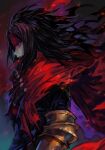 1boy black_hair black_shirt buckle cape embers final_fantasy final_fantasy_vii from_side gauntlets hankuri headband hankuri long_hair looking_away male_focus red_cape red_eyes shirt solo torn_cape torn_clothes upper_body vincent_valentine 