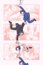  1girl 2boys black_hair black_suit blue_suit facial_hair falling hair_bun highres holding holding_sword holding_weapon meitantei_conan morofushi_takaaki multiple_boys mustache nanteiiyoru pants scar scar_across_eye shirt smile suit sword uehara_yui weapon white_shirt yamato_kansuke 