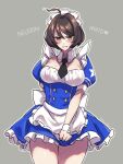  1girl akira_howard akira_howard_(female) alternate_costume apron astral_chain blush bow breasts brown_hair dress enmaided frills highres large_breasts long_hair looking_at_viewer maid maid_apron maid_headdress nintendo short_hair skirt solo thigh-highs thiru3dan tsundere wa_maid waist_apron 