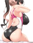  1girl absurdres ass back black_hair black_swimsuit blush breasts competition_swimsuit covered_nipples eyebrows_visible_through_hair from_behind grey_eyes hand_on_own_neck high_ponytail highres huge_breasts kantai_collection long_hair looking_at_viewer looking_back multicolored_hair naganami_(kancolle) one-piece_swimsuit pink_hair ponytail poolside simple_background sitting solo swimsuit water_drop wet white_background yoshi_tama 