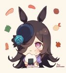 1girl absurdres animal_ears bangs black_hair black_headwear blue_flower blue_rose blush brown_background chibi closed_mouth commentary cropped_torso eating flower food food_on_face hair_over_one_eye hat hat_flower highres holding holding_food horse_ears long_hair onigiri puffy_short_sleeves puffy_sleeves rice rice_on_face rice_shower_(umamusume) rose school_uniform shirt short_sleeves signature simple_background sofra solo symbol_commentary tilted_headwear tracen_school_uniform twitter_username umamusume upper_body violet_eyes wavy_mouth white_shirt 