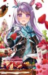  1girl @_@ animal_ears black_skirt blue_bow blue_neckwear blurry blush bow bowtie cake commentary_request cowboy_shot d: depth_of_field doughnut food fruit gold_trim highres hirai_yuzuki holding holding_plate holding_tongs horse_ears jacket long_hair mejiro_mcqueen_(umamusume) nose_blush open_mouth plate pleated_skirt purple_hair simple_background skirt solo strawberry umamusume violet_eyes white_background 