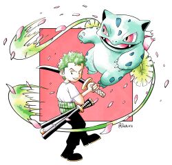 1boy absurdres black_boots black_pants boots bulbasaur commentary dwalkn fangs full_body green_hair haramaki highres holding holding_sword holding_weapon one_piece pants pink_background pink_eyes pink_petals pokemon roronoa_zoro shirt short_hair smile sugimori_ken_(style) sword twitter_username v-shaped_eyebrows weapon white_shirt