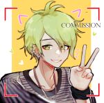  1boy amami_rantarou animal_ears bangs barry_nah collarbone dangan_ronpa_(series) dangan_ronpa_v3:_killing_harmony ear_piercing earrings fake_animal_ears green_eyes green_hair hand_up heart jewelry looking_at_viewer male_focus messy_hair necklace notice_lines piercing portrait shirt short_hair smile solo striped striped_shirt upper_body v yellow_background 