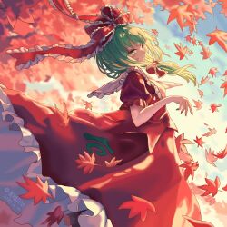  1girl absurdres bow collared_dress dress frilled_dress frills front_ponytail green_eyes green_hair hair_bow hair_ribbon highres kagiyama_hina leaf liefeng_dm looking_at_viewer maple_leaf puffy_short_sleeves puffy_sleeves red_bow red_dress red_leaf red_ribbon ribbon short_sleeves solo touhou 