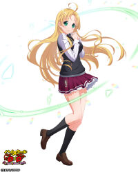  1girl absurdres ahoge asia_argento black_socks black_sweater blonde_hair brown_shoes closed_mouth copyright_name copyright_notice frilled_skirt frills full_body green_eyes high_school_dxd high_school_dxd_operation_paradise_infinity highres interlocked_fingers kneehighs kuoh_academy_school_uniform light_blush long_hair long_sleeves looking_at_viewer official_art own_hands_together parted_bangs pleated_skirt purple_skirt school_uniform shirt skirt sleeveless sleeveless_sweater socks solo standing standing_on_one_leg sweater white_shirt 