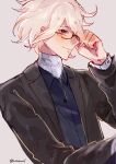  1boy bangs bespectacled black_jacket blood blue_shirt blush closed_mouth dangan_ronpa_(series) dangan_ronpa_2:_goodbye_despair english_commentary from_side glasses grey_background hakamii highres jacket komaeda_nagito long_sleeves male_focus messy_hair open_clothes open_jacket shirt short_hair simple_background smile solo turtleneck twitter_username upper_body white_hair 