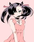  1girl aqua_eyes black_hair choker dress earrings emapippi highres jewelry long_hair marnie_(pokemon) pink_background pink_dress pokemon pokemon_(game) pokemon_swsh twintails 