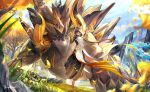  1boy alternate_costume arm_tattoo azhdaha_(genshin_impact) baggy_pants bangs bare_shoulders barefoot blurry blurry_foreground border0715 brown_hair closed_mouth clouds cloudy_sky coat commentary_request day dragon_horns falling_leaves floating full_body genshin_impact ginkgo_leaf gradient_hair grass hair_between_eyes highres hood hood_up hooded_coat horns leaf long_hair looking_at_another male_focus mountain multicolored_hair orange_hair outdoors pants ponytail rock sky sleeveless smile tattoo tree white_coat yellow_eyes zhongli_(genshin_impact) 