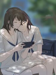  2girls animalization bang_dream! bang_dream!_it's_mygo!!!!! black_hair blue_neckerchief blue_shirt blurry blurry_background brown_hair cellphone closed_eyes closed_mouth commentary hanasakigawa_school_uniform highres holding holding_phone kaname_raana long_hair medium_hair multiple_girls neckerchief phone pleated_skirt raana_the_cat revision sailor_collar school_uniform shiina_taki shirt short_sleeves skirt sleeping sleeping_on_person smartphone white_sailor_collar white_skirt yahata_umiri yuri zih_ii 
