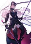  1girl armor armored_dress black_dress black_gloves black_legwear breasts chain dress fate/grand_order fate_(series) flag gloves highres holding holding_flag holding_sword holding_weapon jeanne_d&#039;arc_(alter)_(fate) jeanne_d&#039;arc_(fate)_(all) long_hair looking_at_viewer luozhou_pile silver_hair simple_background smile solo sword weapon white_background yellow_eyes 