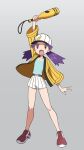  1girl :o arm_up baseball_cap blue_shirt casey_(pokemon) eyelashes full_body hat holding jacket knees long_hair monochrome open_clothes open_jacket open_mouth pokemon pokemon_(anime) pokemon_(classic_anime) purple_hair shirt shoes short_shorts shorts solo spread_fingers standing striped striped_shorts sweat tongue twintails violet_eyes white_background yoshi_(moco1) 