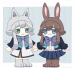  :3 amiya_(arknights) animal_ears animal_hood arknights black_jacket blue_bow blue_eyes blue_skirt blush_stickers bow brown_footwear brown_hair cat_ears cat_tail closed_mouth dress fake_animal_ears green_eyes grey_footwear grey_hair holding_hands hood jacket long_hair open_clothes open_jacket paw_shoes pleated_skirt rabbit_ears rosmontis_(arknights) shirt shoes sidelocks skirt someyaya striped striped_background tail thick_eyebrows vertical_stripes very_long_hair white_dress white_shirt 