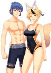  1boy 1girl absurdres animal_ear_fluff animal_ears bangs blonde_hair blue_hair brown_hair commission commissioner_upload competition_swimsuit couple fire_emblem fire_emblem_fates fox_ears fox_girl fox_tail hair_ornament hand_on_another&#039;s_hip highres igni_tion kiragi_(fire_emblem) looking_at_viewer male_swimwear one-piece_swimsuit selkie_(fire_emblem) simple_background smile swim_trunks swimsuit swimwear tail toned toned_male 