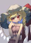  1girl bangs bare_shoulders blonde_hair blurry blush breasts bright_pupils closed_mouth crystal depth_of_field drill_hair expressionless eyebrows_behind_hair fang flandre_scarlet grey_background hair_ornament hand_up hat highres jewelry looking_at_viewer midriff mob_cap nail_polish navel one_side_up pink_nails red_eyes short_hair simple_background skin_fang small_breasts solo star_(symbol) star_hair_ornament swept_bangs touhou upper_body wings x_hair_ornament zakozako_y 