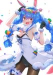  1girl absurdres animal_ear_fluff animal_ears arm_up bangs bare_shoulders black_gloves black_leotard blue_flower blue_hair bow braid breasts brown_legwear carrot_hair_ornament detached_sleeves don-chan_(usada_pekora) dress eyebrows_visible_through_hair flower flower_wreath food_themed_hair_ornament fur-trimmed_dress fur-trimmed_gloves fur_trim gloves hair_between_eyes hair_bow hair_ornament head_wreath highres hololive kutar22 leotard multicolored_hair pantyhose pink_flower puffy_short_sleeves puffy_sleeves purple_flower rabbit_ears short_eyebrows short_sleeves small_breasts strapless strapless_dress thick_eyebrows twin_braids twintails two-tone_hair usada_pekora virtual_youtuber white_background white_bow white_dress white_flower white_sleeves yellow_flower 