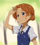  1girl blue_eyes blurry blurry_background braid french_braid girls_und_panzer kayabakoro necktie orange_hair orange_pekoe_(girls_und_panzer) outdoors school_uniform shade solo st._gloriana&#039;s_school_uniform upper_body 