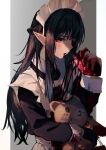  1girl 8rk9 bangs black_gloves black_hair blood bloody_hands eating gloves heart heart_(organ) highres holding holding_heart holding_stuffed_toy long_hair long_sleeves maid maid_headdress original pointy_ears red_eyes shadow sidelocks single_glove solo stuffed_animal stuffed_toy teddy_bear 