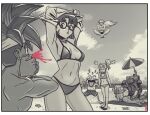  armpits arms_up ayla_(chrono_trigger) beach bikini blood border breasts chrono_trigger covering_mouth crono_(chrono_trigger) earrings flip-flops floating flying_sweatdrops frog_(chrono_trigger) glasses greyscale hair_tubes headband highres jewelry levitation long_hair lucca_ashtear magus_(chrono_trigger) male_swimwear marle_(chrono_trigger) medium_breasts monochrome muscular muscular_male navel nosebleed parted_lips pointy_ears ponytail robo_(chrono_trigger) robot ryan_jampole sandals signature sky small_breasts spiky_hair spot_color sunglasses swim_briefs swim_trunks swimsuit swimwear tree undressing white_border 