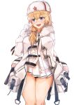  1girl absurdres blonde_hair blue_eyes cowboy_shot fur_hat girls_frontline gloves hat highres long_hair long_sleeves miniskirt mosin-nagant_(girls_frontline) muteppona_hito pleated_skirt red_star shawl shirt skirt solo standing ushanka white_gloves white_shirt white_skirt 