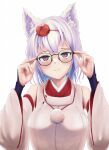  1girl absurdres adjusting_eyewear animal_ears bare_shoulders bespectacled blush breasts closed_mouth detached_sleeves eyebrows_visible_through_hair glasses hat head_tilt highres inubashiri_momiji large_breasts light_frown looking_at_viewer pom_pom_(clothes) red_eyes risiyun short_hair silver_hair simple_background solo teeth tokin_hat tongue touhou upper_body white_background wolf_ears 